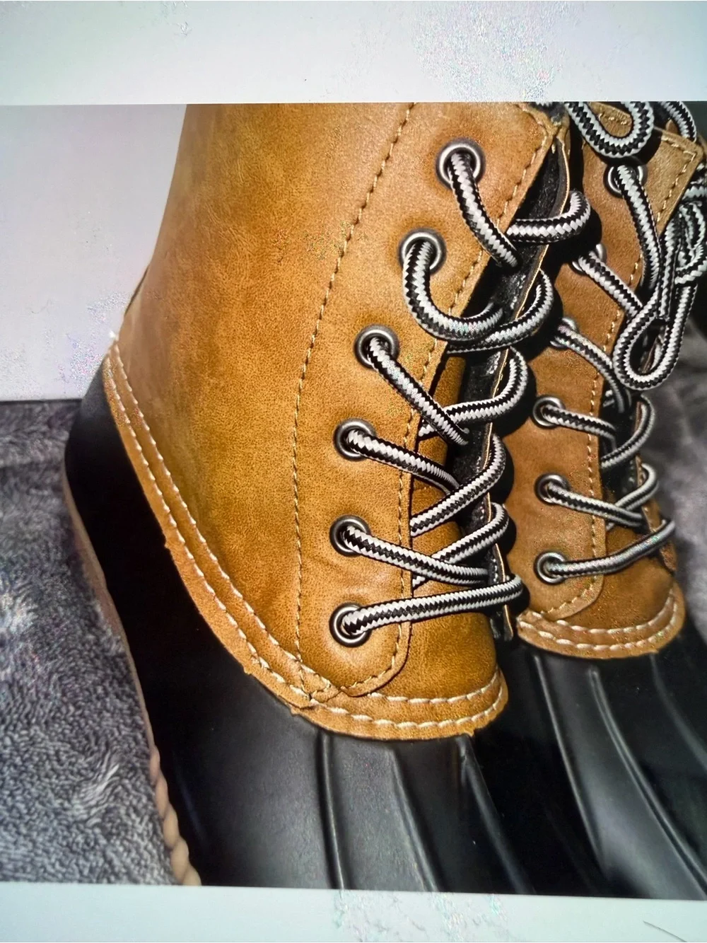 Report Tan and Black Lace-Up Duck Boots